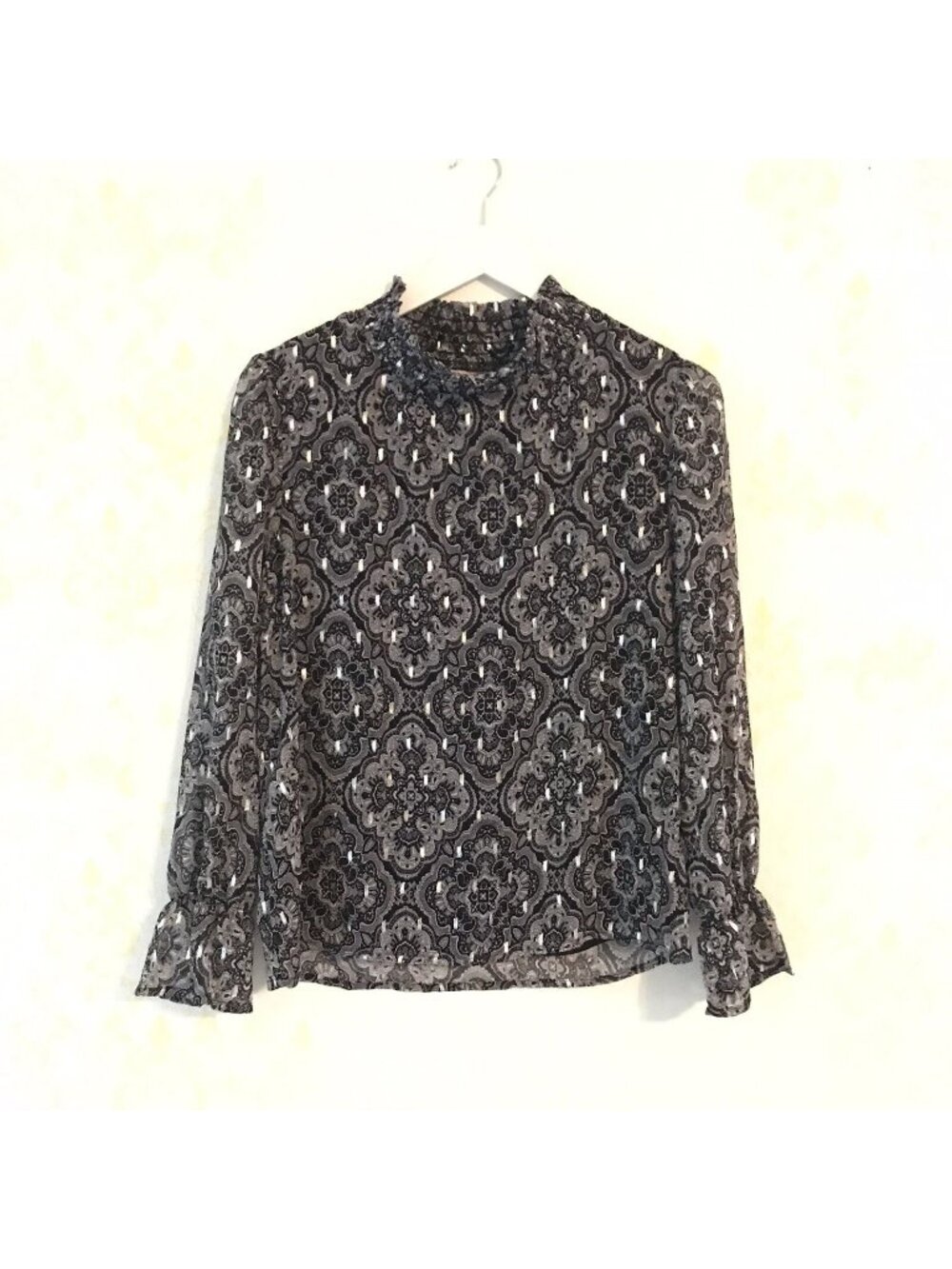 Willow Drive Ruffled Mock Neck Top Metallic Silver Elegant Eye Candy
